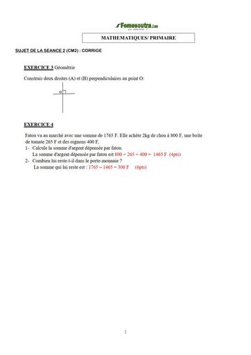 COURS DE VACANCES PRIMAIRE MATHS CORRIGE SUJET 1B CM BY TEHUA