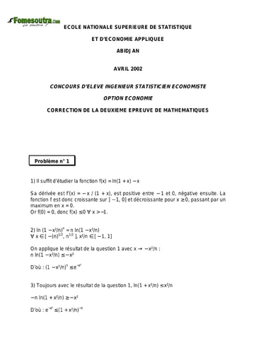 Corrigé 2ème épreuve de maths ISE option économie 2002 (ENSEA)