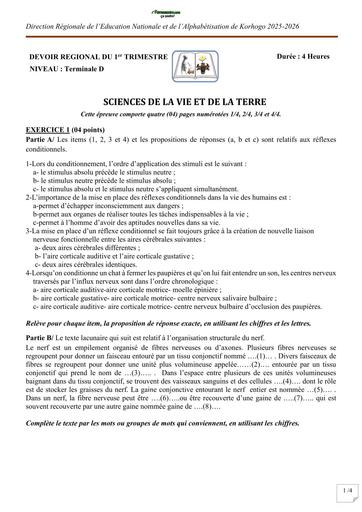 DEVOIR REGIONAL SVT NIVEAU Tle D KORHOGO 2026 BY TEHUA