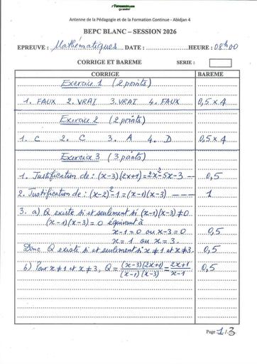 BEPC BLANC 2026 DRENA ABIDJAN 4 SUJET MATHS (BAREME) by TEHUA