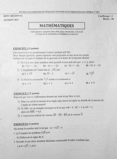 ÉPREUVE DE MATHÉMATIQUES BEPC BLANC RÉGIONAL 2023 ZONE ABIDJAN 1 by Tehua