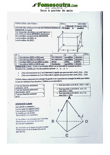 Sujet de mathématiques Seconde C 2020-2021 Lycée Classique Abidjan