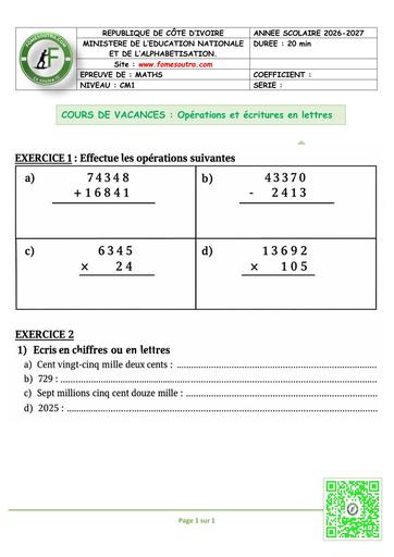 FICHE 1 MATHS CM1 opérations et écritures en lettres by TEHUA