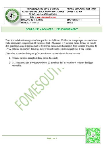 FICHE 7 MATHS 1ière A DENOMBREMENT by TEHUA