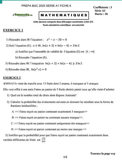 PREPA BAC 2025 MATHS SERIE A1 SUJET 6 BY TEHUA