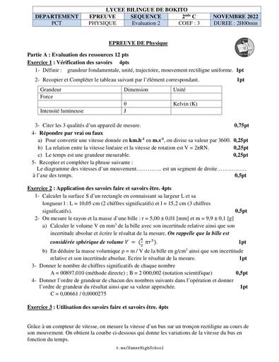 LycéeBBokito Physique 2ndeC Eval2 2018