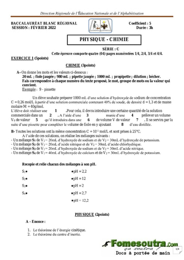 Tous les sujets du BAC blanc série C Direction Régionale Korhogo - Session Février 2022