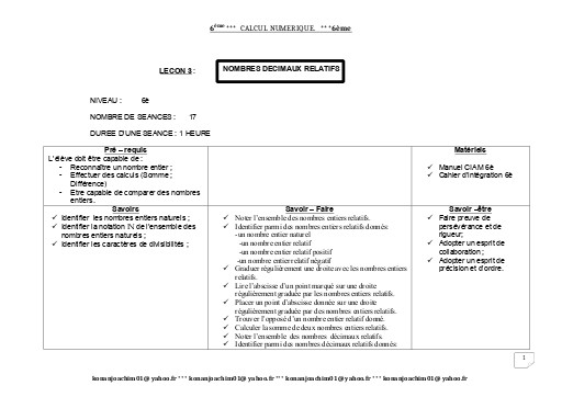 Fiche de cours Maths 6ième Leçon 3 Nombres Décimaux Relatifs by TEHUA