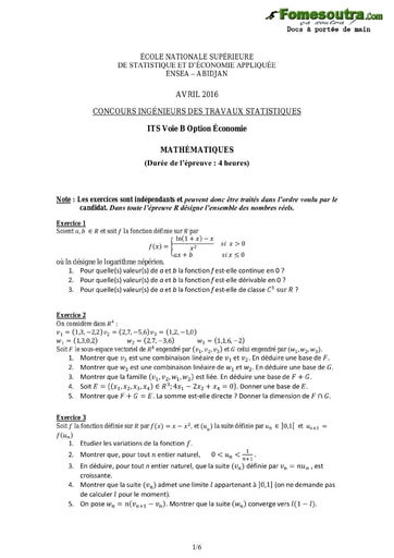 Sujet et Corrigé Maths ITS B option Economie 2016 (ENSEA)