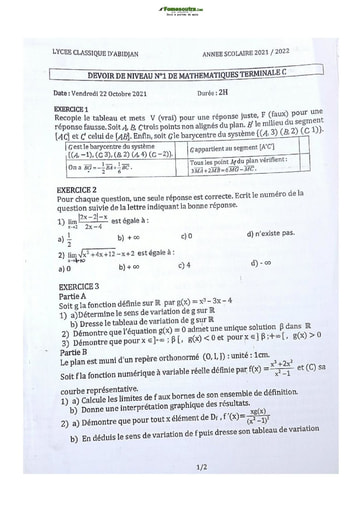Sujet de Mathématique Terminale C Lycée Classique Abidjan