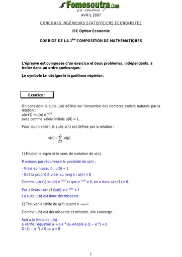 Corrigé 1ère épreuve de maths ISE option économie 2007 (ENSEA - ISSEA)