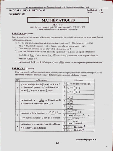 BACCALAURÉAT RÉGIONAL ABIDJAN 1 MATHÉMATIQUES TLE D 21 22
