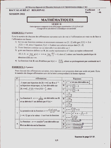 BACCALAURÉAT RÉGIONAL ABIDJAN 1 MATHÉMATIQUES TLE D 21 22