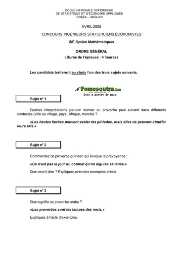 Sujet d'ordre générale ISE option maths 2005 (ENSEA)