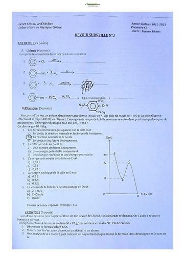 Sujet de Physique-Chimie Première C Lycée Classique Abidjan 2022-2023