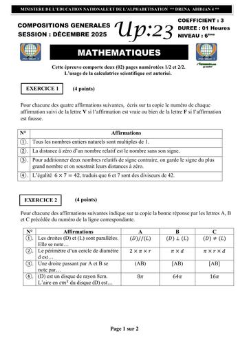 COMPOSITION GENERAL 2025 MATHS NIVEAU 6ième UP23 BY TEHUA