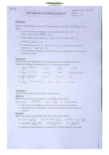 Sujet de Mathématiques Première D 2021-2022