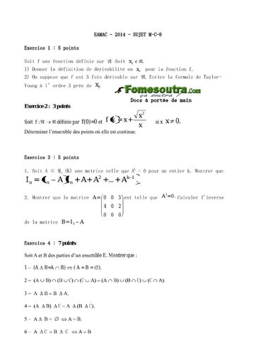 Sujet de Maths Concours EAMAC cycle Contrôleur de la circulation session 2014