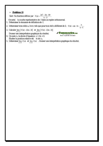 Problème (11) Etude d'une fonction rationnelle - Maths Terminale D