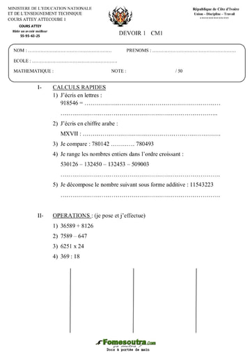 Devoir de Mathématiques niveau CM1 - Cours Attey