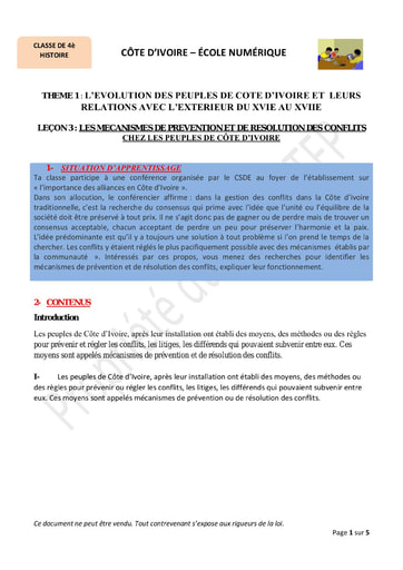 Les mécanismes de prévention et de résolution des conflits chez les peuples de Côte d’Ivoire - Cours d’Histoire niveau 4eme