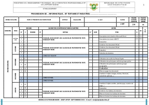 PROGRESSION  2 BT TERTIAIRE ET INDUSTRIEL