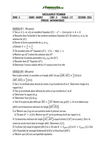 SUJET BAC 2024 MATHS SERIE E CONGO BRAZZAVILLE by Tehua