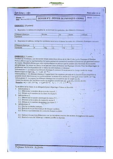 Sujet de Physique-Chimie Seconde C Lycée Classique Abidjan 22-23