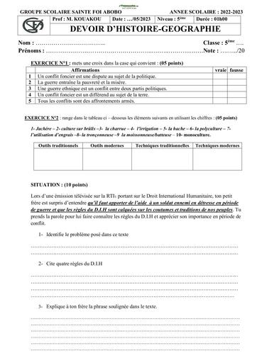 Devoir Histoire-Géographie Groupe Scolaire Sainte Foi Niveau 5ème 2022-2023