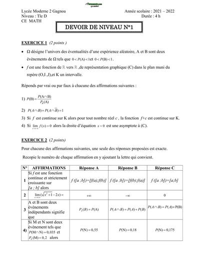DEVOIR DE MATHS NIVEAU Tle D LYM2 GAGNOA 2022 TRIMESTRE 1  BY TEHUA