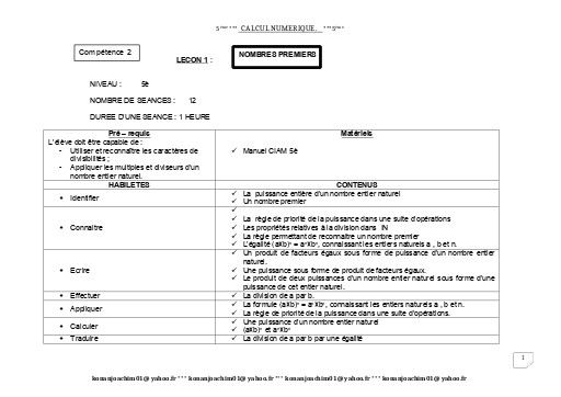 Fiche de cours Maths 5ième Leçon 1 Nombres premiers by TEHUA