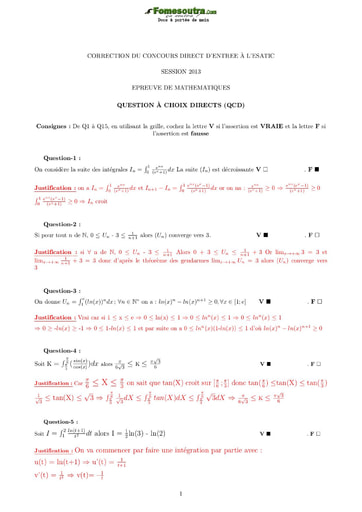 Sujet corrigé de Mathématiques Concours direct d’entrée à l'ESATIC session 2013
