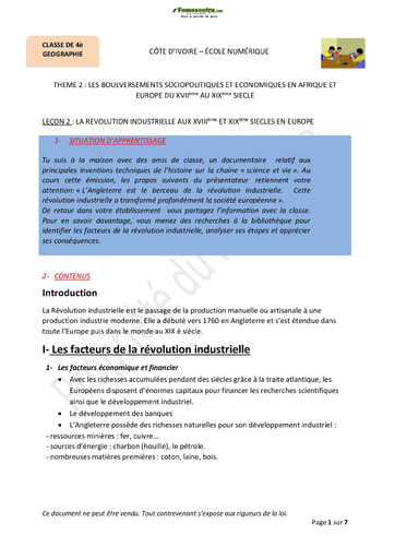 Cours : LA REVOLUTION INDUSTRIELLE AUX XVIIIème ET XIXème SIECLES EN EUROPE