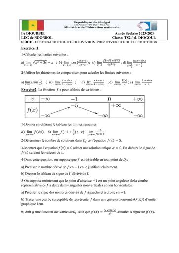 SERIE D'exercices LIMITES CONTINUITE DERIVATION PRIMITIVES ETUDE DE FONCTIONS by Tehua