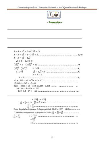 BEPC BLANC REGIONAL KORHOGO 2025 MATHS 3ième BAREME BY TEHUA