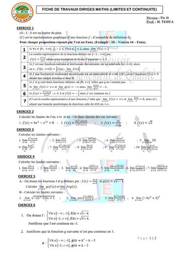 FICHE DE TRAVAUX DIRIGES MATHS (LIMITES ET CONTINUITE) Tle D OCTOBRE 2025 by TEHUA