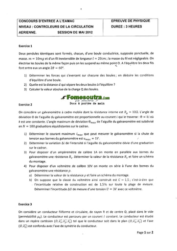 Sujet de Physique Concours EAMAC cycle Contrôleur de la circulation session 2012