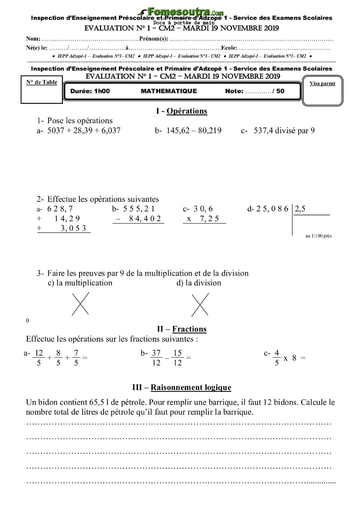 Sujet Mathématique - CM2 - Inspection d’Enseignement Préscolaire et Primaire d’Adzopé 1
