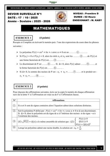 DEVOIR DE MATHS  NIVEAU 1ière D COLLEGE SAINTE MOISE ABOBO 2026 SUJET+BAREME BY TEHUA