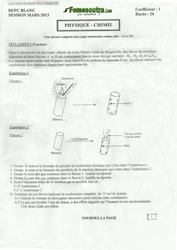 Sujet de physique chimie BEPC blanc Lycée Mamie Houphouet Fetai 2013