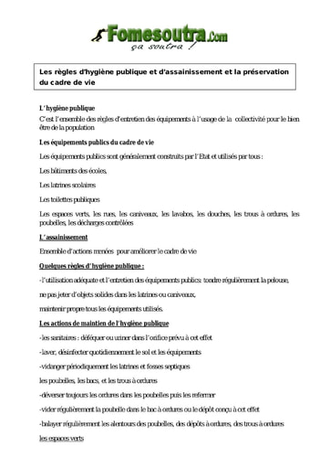 Les règles d’hygiène publique et d’assainissement et la préservation du cadre de vie