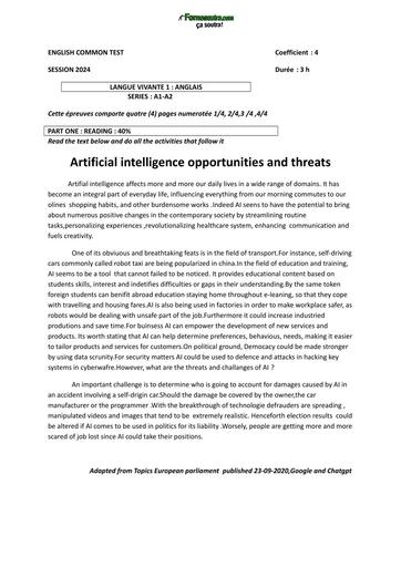 DEVOIR D'ANGLAIS NIVEAU Tle A SUR Artificial Intelligence by TEHUA