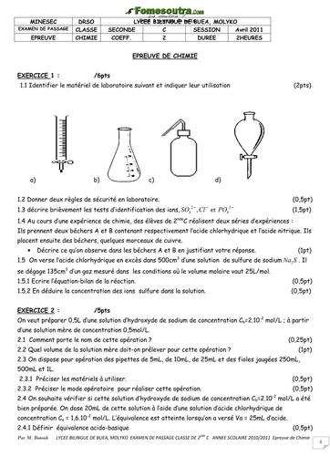 Devoir de Chimie niveau 2nd C - Lycée bilingue de Buea, Molyko