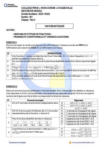 Collège mon avenir d'Aboville devoir