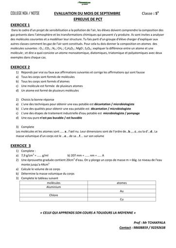 EVALUATION DU MOIS DE SEPTEMBRE PCT 5e by TEHUA