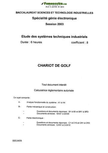 Sujet corrigé Chariot de Golf - BAC Génie Électronique