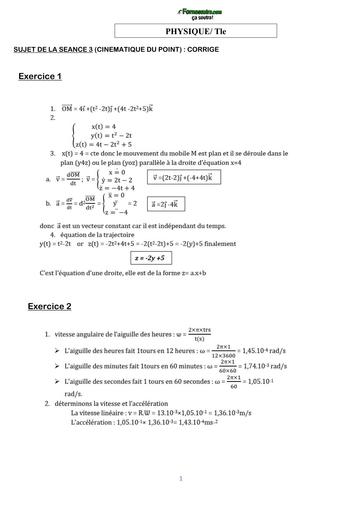 COURS DE VACANCES PHYSIQUE Tle CORRIGE SUJET 2 (CINEMATIQUE DU POINT) BY TEHUA