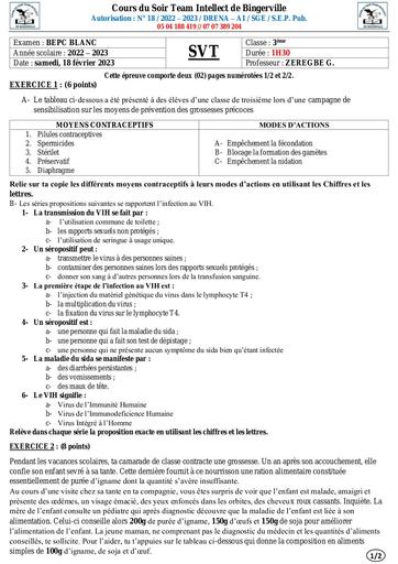 Cours du Soir Team Intellect de BINGERVILLE / BEPC BLANC SVT 3ème