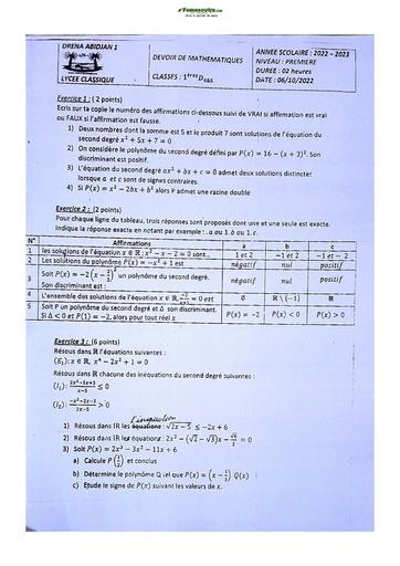 Sujet de Mathématique Première D Lycée Classique Abidjan 23