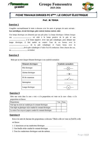FICHE TRAVAUX DIRIGES PC 6ième LE CIRCUIT ÉLECTRIQUE by Tehua
